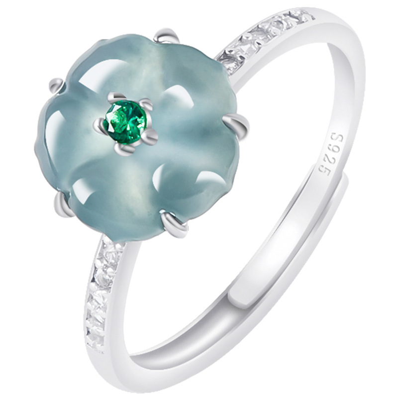 Women'S Fashion - Blaue Burmesische Jadeit-Blumenringe 925 Silber Natürlicher