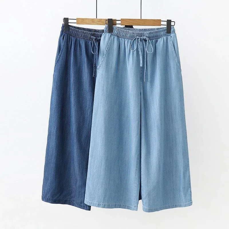 Mom Jeans Women - Modische Baumwoll-Jeans in Blau, Wadenlänge, Mom-Jeans