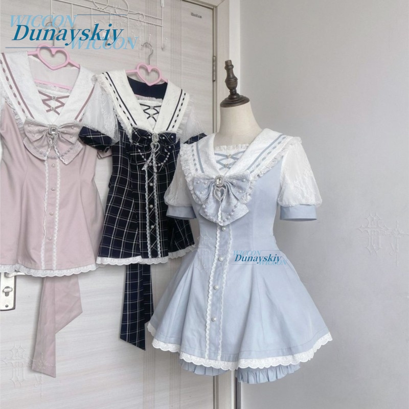 Women'S Fashion Kilt - Matrosenkragen-Kleid-Set mit Spitze und Schleife, Kurzarm,