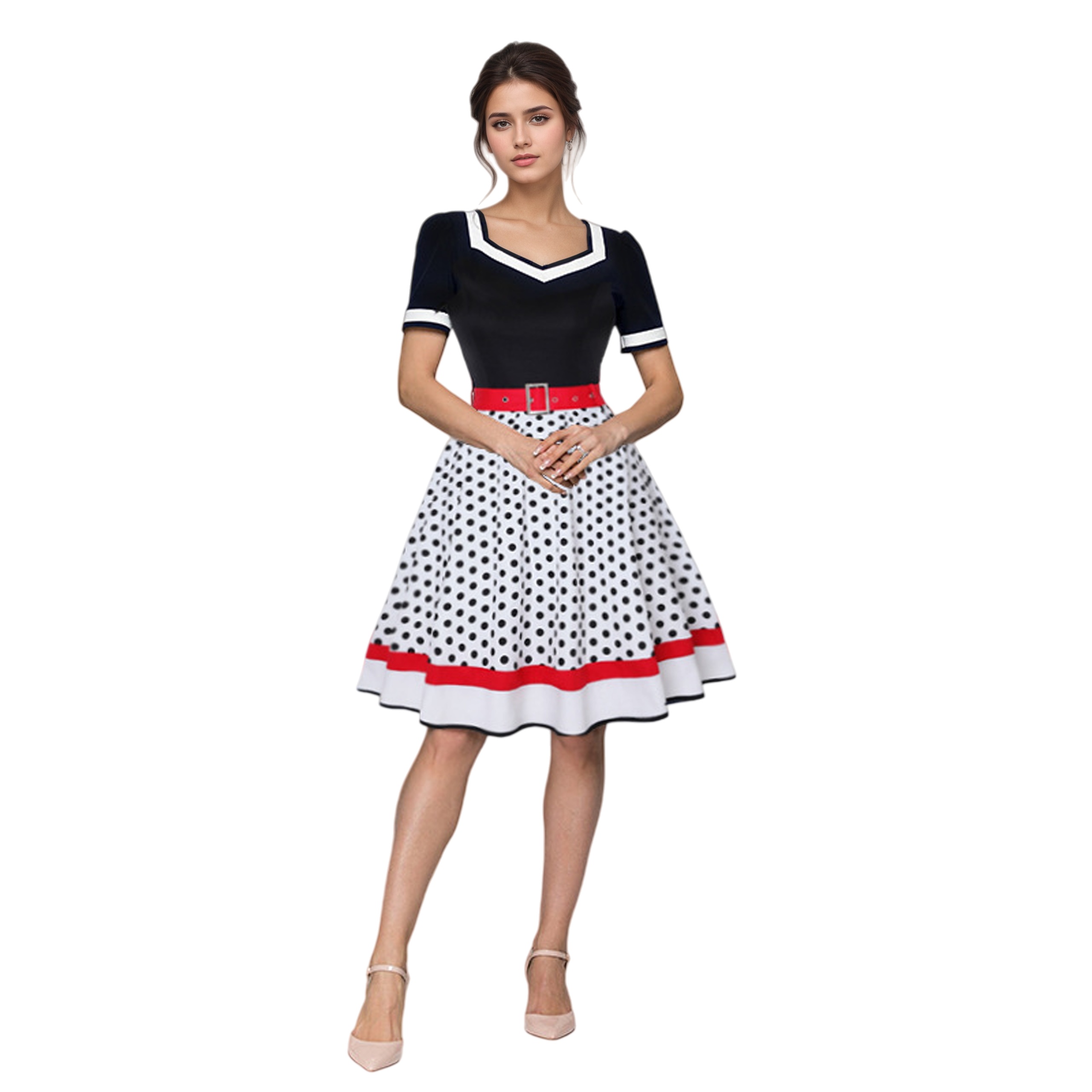 Women'S Fashion In The 50S - Vintage V-Ausschnitt Kurzarm Swing Kleid 50er