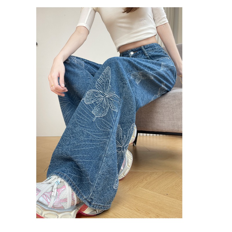 Mom Jeans Women - Damen-Jeanshose, locker geschnitten, weites Bein, bedruckt,