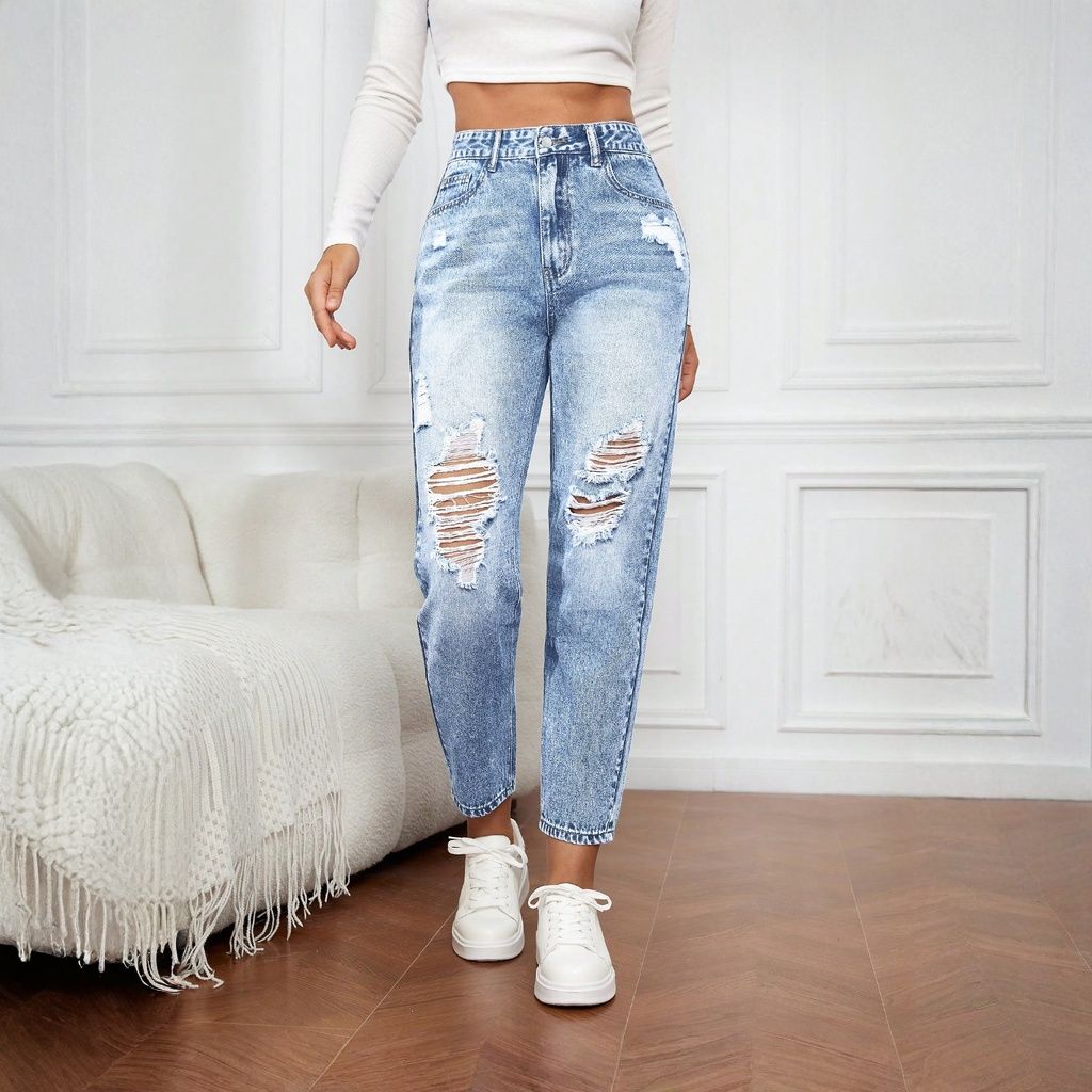 Mom Jeans Women - Slim-Fit-Jeans für Damen mit Rips, lässige,