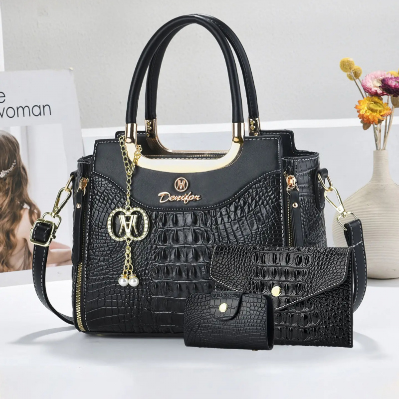 Crossbody Bag Women - Damen-Handtaschenset mit Krokodilleder-Optik, 3-teiliges Farbblock-Set mit