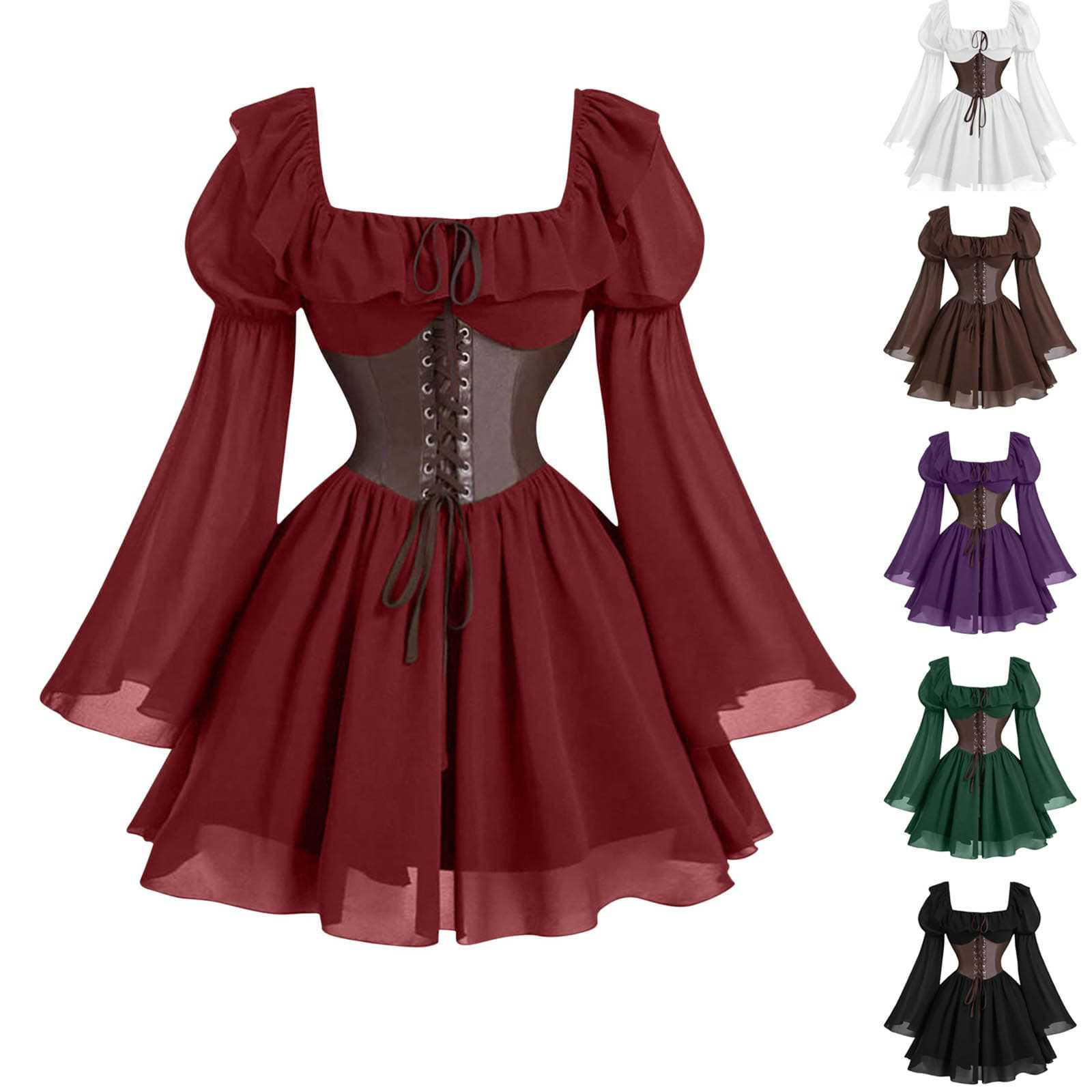 Women'S Fashion Victorian - Renaissance mittelalterliches Langarm-Damenkleid mit Puffärmeln, Halloween,