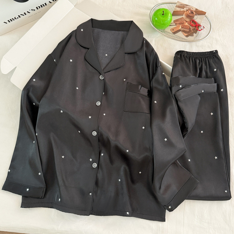 Women'S Fashion Pajamas - Modischer, schlichter Stern-Pyjama aus schwarzer Eisseide