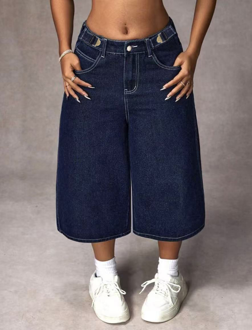Mom Jeans Women - Retro Dunkelblaue Capri-Jeans mit Verstellbarer Schnalle