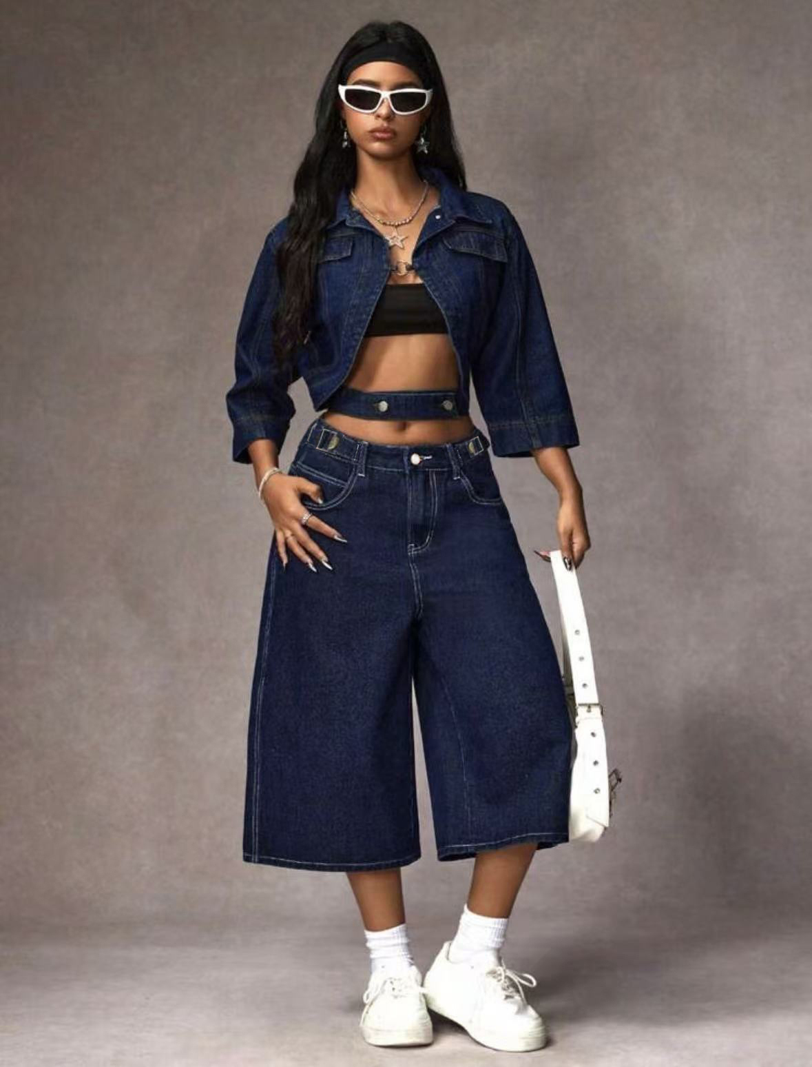 Retro Dunkelblaue Capri-Jeans  – Mom Jeans Women Bewertung und Preis